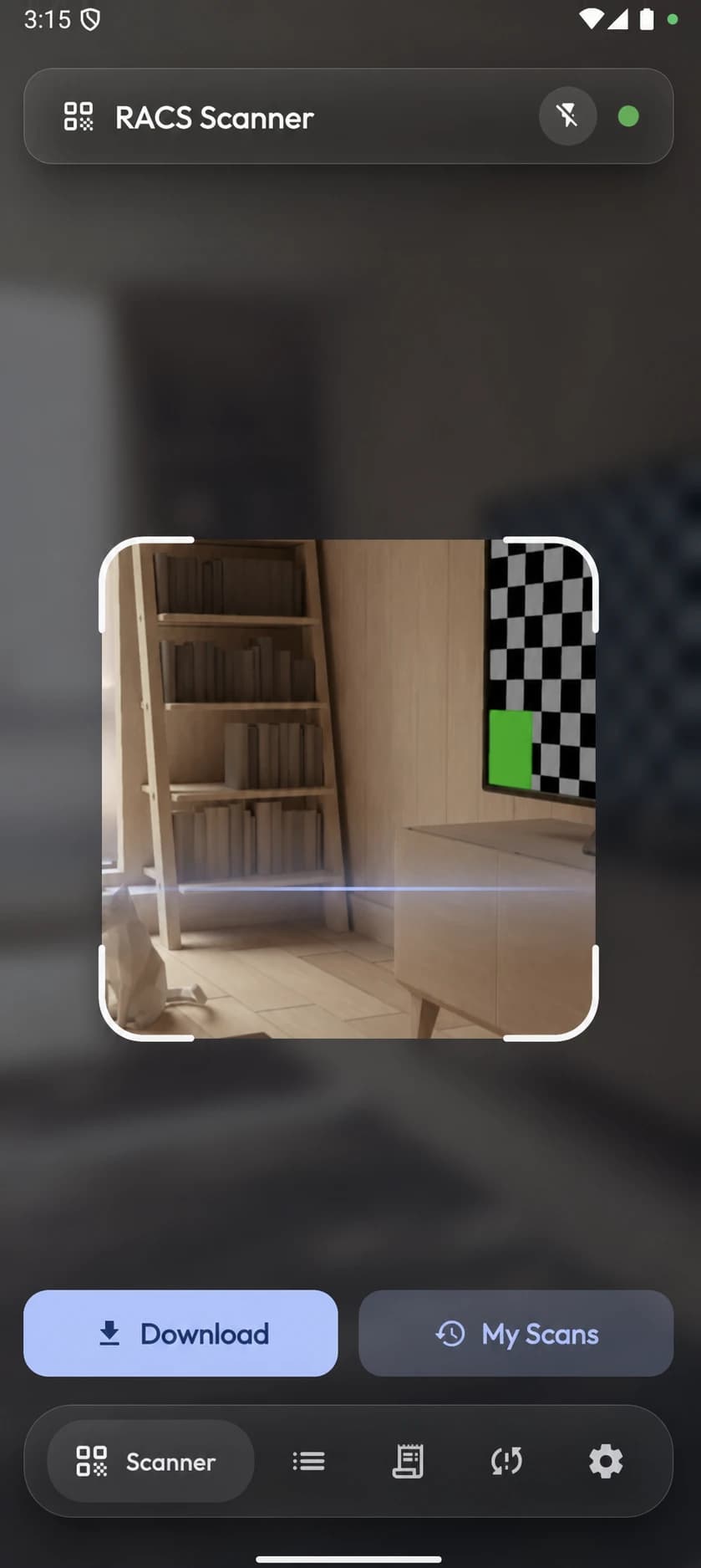 RACS reader showing the live camera view, the scan frame and the operator controls