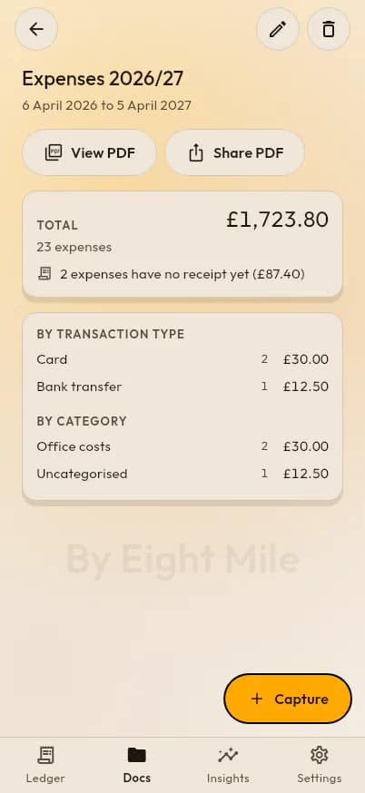 A PencePal doc for the 2026/27 tax year: £1,723.80 across 23 expenses, with totals by payment type and by category.