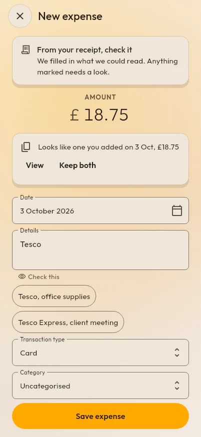 A new expense filled in from a scanned receipt: £18.75 at Tesco on 3 October 2026, with a note that it looks like one already added.