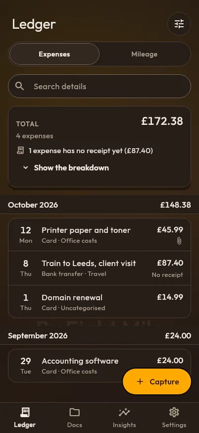 The PencePal ledger on a phone: October 2026’s expenses with their totals, and one expense still waiting for a receipt.