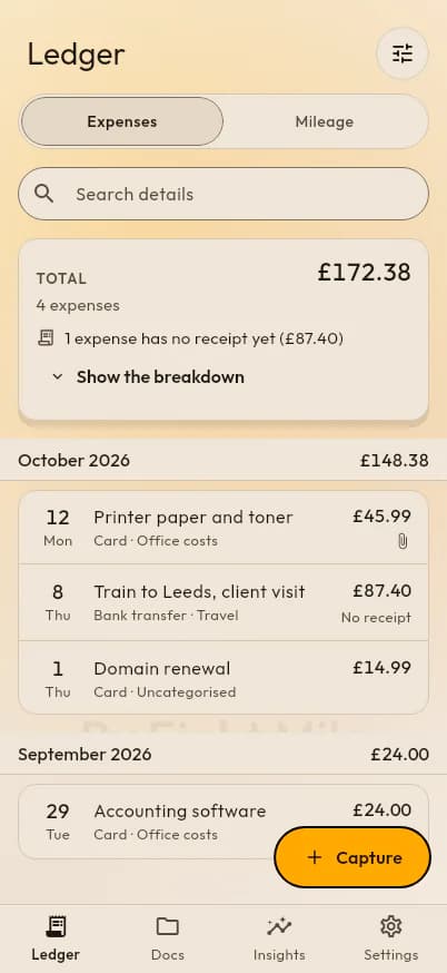 The PencePal ledger: October 2026’s expenses, each with its payment type and category, and one still waiting for a receipt.