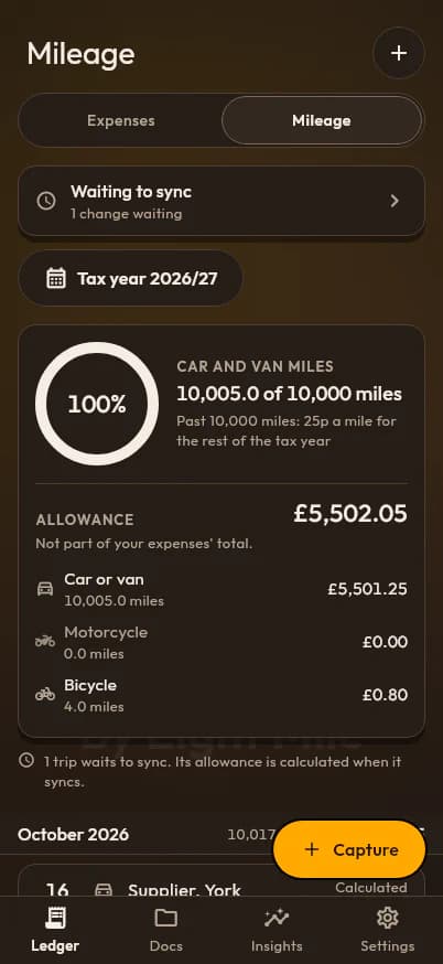 The PencePal mileage log: 10,005 car and van miles in the 2026/27 tax year, past the 10,000-mile threshold, and the allowance by vehicle.